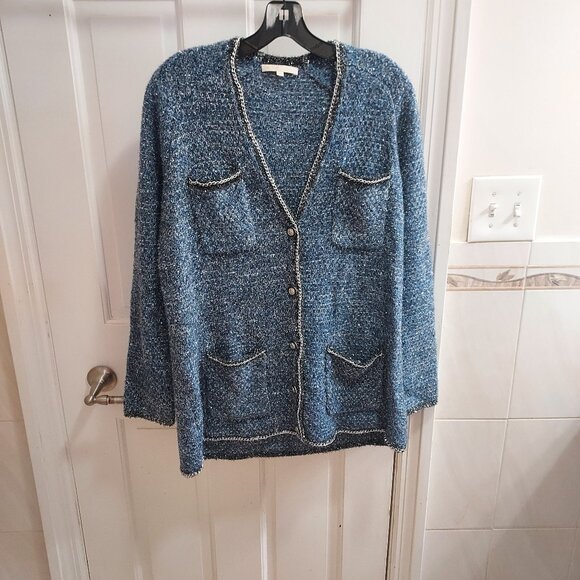 Maje Blue Miso Lurex Sparkle Chain Cardigan - Picture 1 of 9